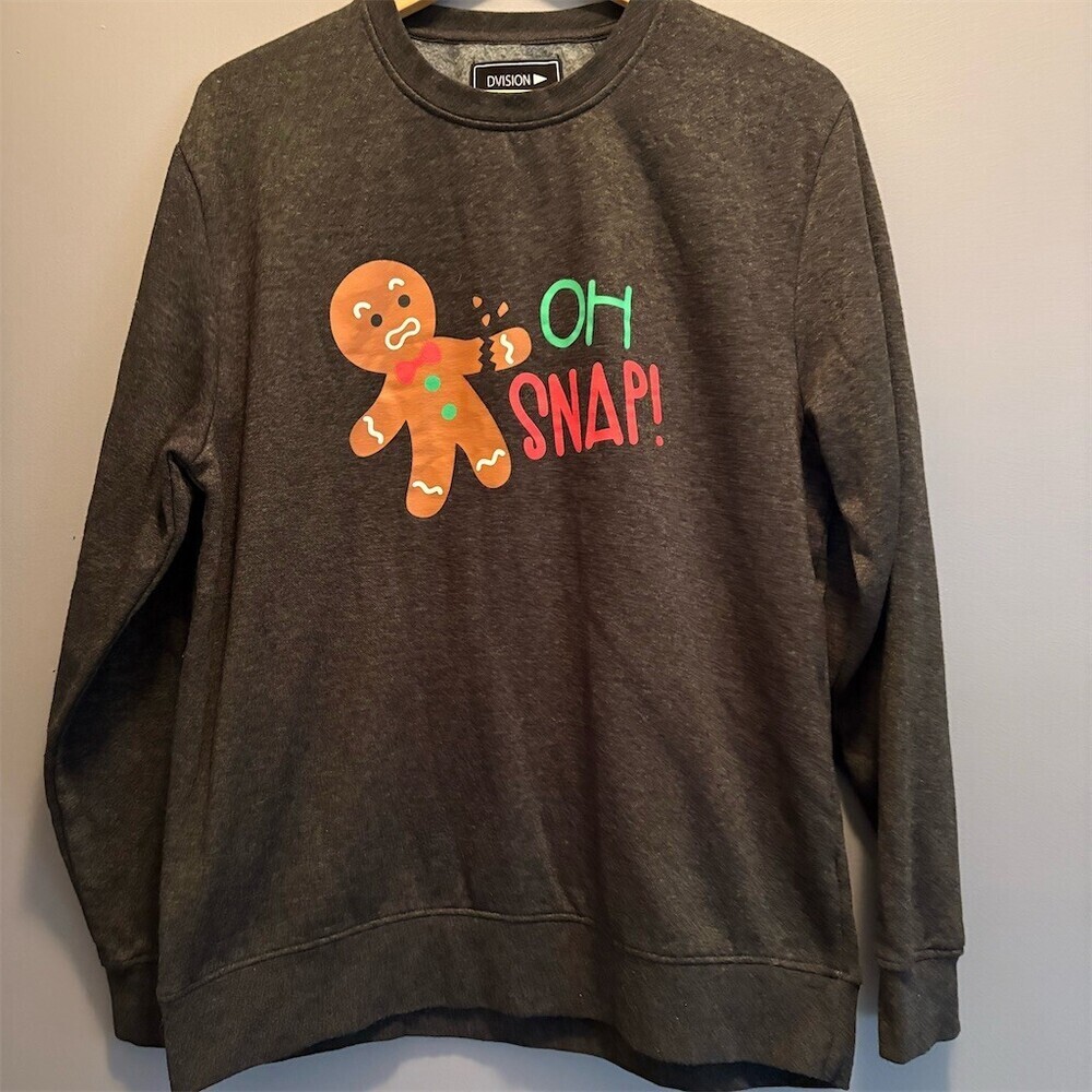 DVISION Women's Sweatshirt Size L Dark Gray OH SNAP Gingerbread Holiday
